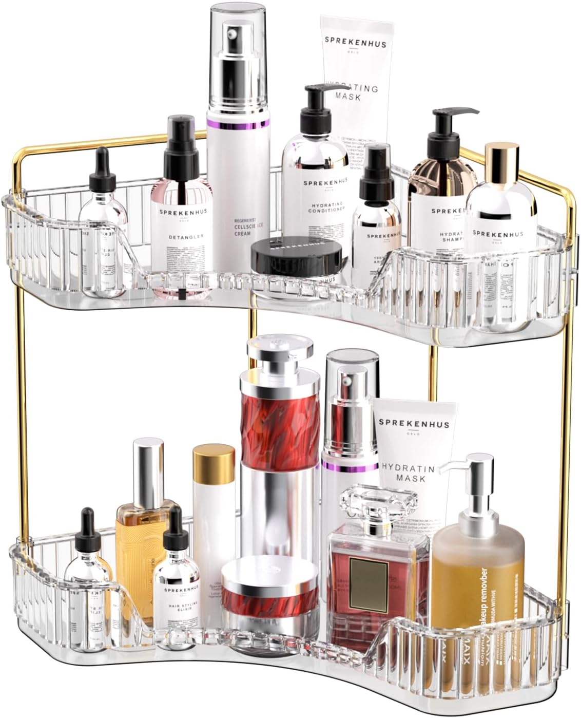 Luxury Skincare Tray - 2段式クリアバスルームオーガナイザー、カウンタートップ収納ラック、ラグジュアリーゴールドメタル製メイクアップコスメティックディスプレイシェルフ、香水・スキンケア用品トレイ、コーナーデスクトップホルダー、洗面台・キッチン用透明スタンド